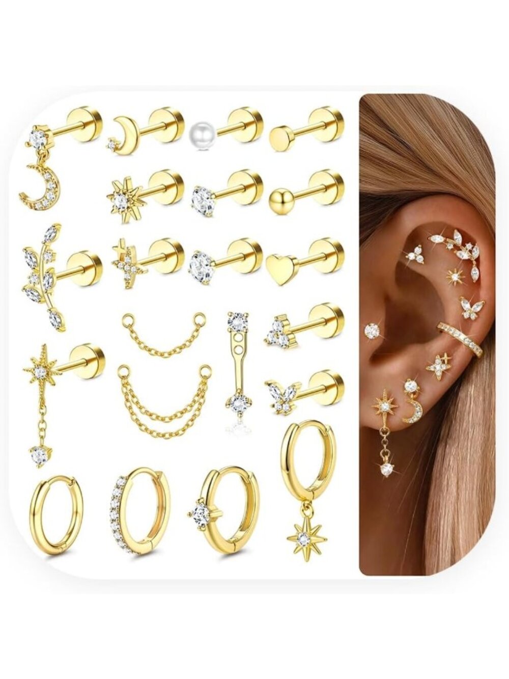 21Pcs Flat Back Earrings Set - Cartilage & Helix Piercing Jewelry for Stacking
